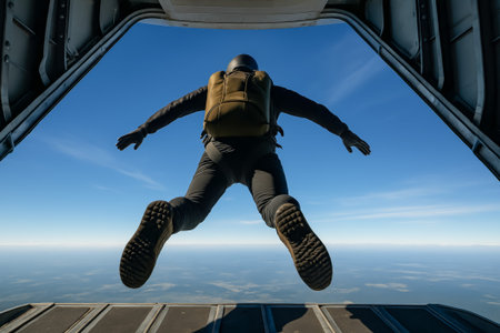 A skydiver leaps out of an aircraft, embracing the thrill of free fallの素材