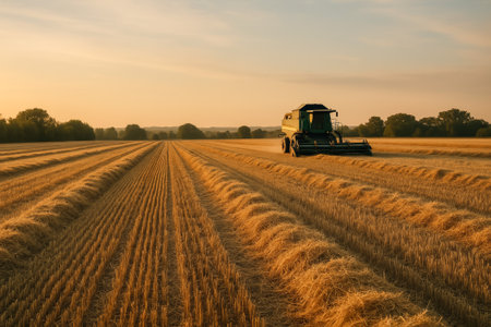 A combine harvester operates in a wheat field under a beautiful sunset skyの素材