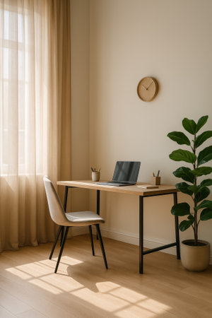 A cozy home office featuring a wooden desk, laptop, and a stylish indoor plantの素材
