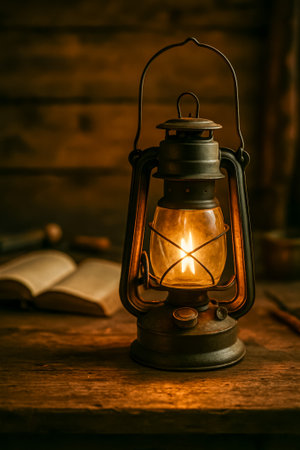 A vintage lantern casting warm light on a wooden table with an open book nearbyの素材