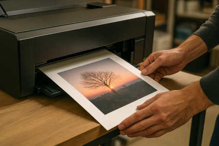 A person is retrieving a printed photo of a tree from a printer in an officeの素材