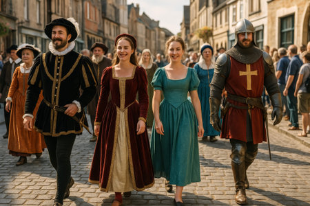 A vibrant group in historical costumes enjoying a lively street festival atmosphereの素材