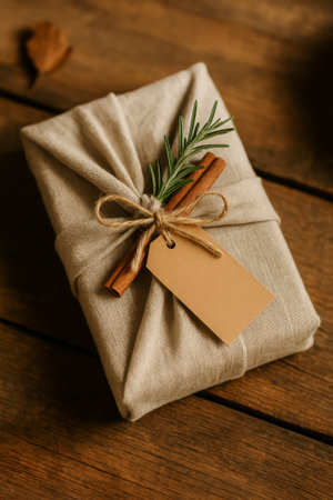A neatly wrapped gift featuring cinnamon sticks and fresh rosemary on a wooden tableの素材