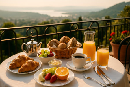 A beautiful breakfast setting featuring fruits, pastries, and drinks on a scenic balconyの素材