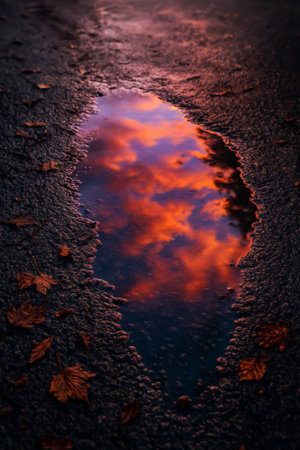 A vibrant reflection of clouds and autumn leaves in a puddle on dark pavementの素材