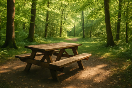 A rustic wooden picnic table surrounded by lush greenery in a tranquil forestの素材