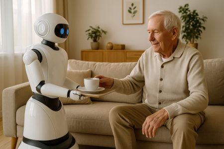 An elderly man smiles as a robot offers him a cup of coffee in a cozy living roomの素材