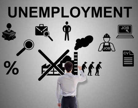 Unemployment concept drawn by a businessmanの写真素材
