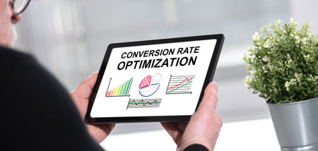 Tablet screen displaying a conversion rate optimization conceptの写真素材