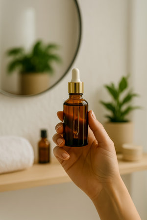 A hand holds a brown glass dropper bottle in a serene bathroom environment with plantsの素材