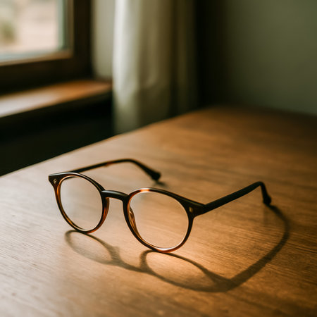 A pair of stylish eyeglasses placed on a wooden table near a windowの素材
