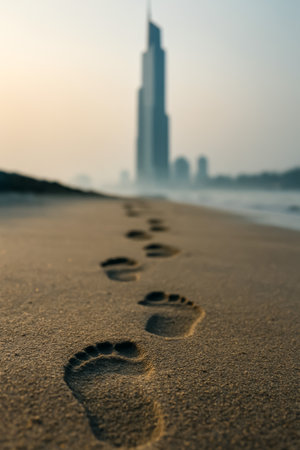 Footprints on the sandy beach leading towards a towering skyscraper in the distanceの素材