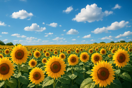A beautiful field of sunflowers stretching towards the horizon under a sunny blue skyの素材