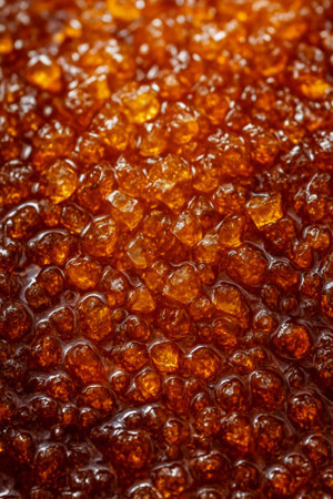 A close-up view of brown sugar crystals glistening in syrup, showing their textureの素材