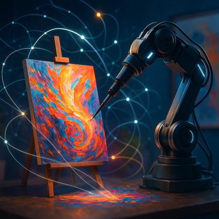 A robotic arm creating vibrant abstract artwork on an easel in a modern art studioの素材