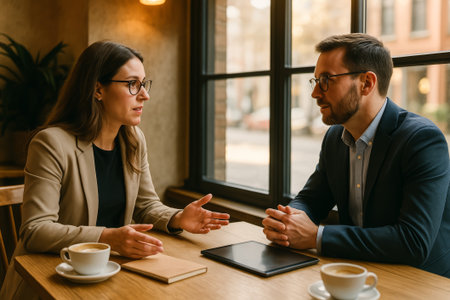 Two professionals engaging in a discussion over coffee in a modern cafe environmentの素材