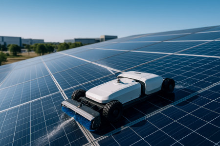 An automated cleaning robot operates on solar panels, ensuring optimal performance and energy productionの素材