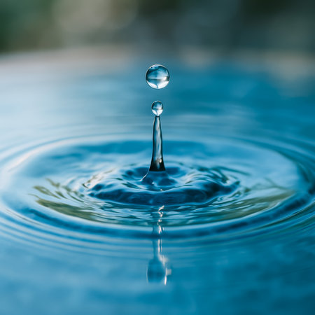 A close-up view of a water drop falling and creating ripples in a vibrant blue surfaceの素材