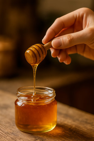 A hand is poised over a jar of golden honey with a honey dipperの素材
