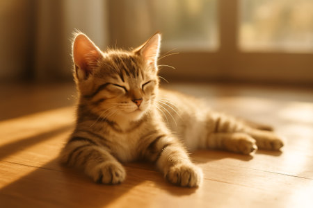 A tabby kitten peacefully lying down in bright sunlight, eyes closed, enjoying the warmthの素材