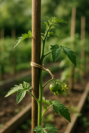 A tomato plant featuring green fruit, secured with a twine to a wooden stakeの素材