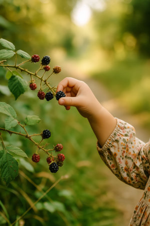 A child gently picks ripe blackberries from a thorny bush on a sunny dayの素材