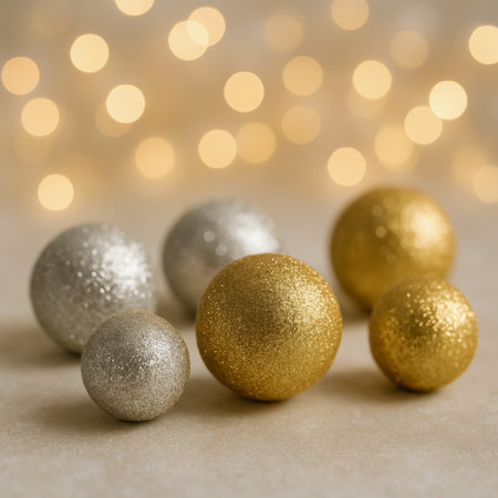 Shiny gold and silver decorative balls placed elegantly against a soft blurred backgroundの素材