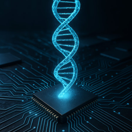 A dna helix appears above a microchip, symbolizing technology and biology integrationの素材