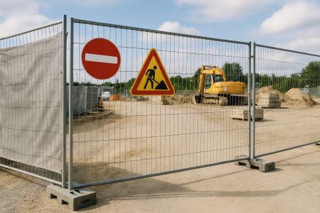 Construction site featuring barriers, warning signs, and heavy machinery visible in the backgroundの素材