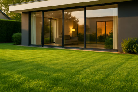 A modern house with large windows overlooking a well-maintained green lawn during sunsetの素材