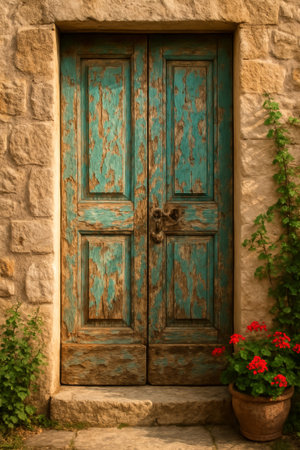 A weathered turquoise door with unique textures, surrounded by a stone wall and flowersの素材