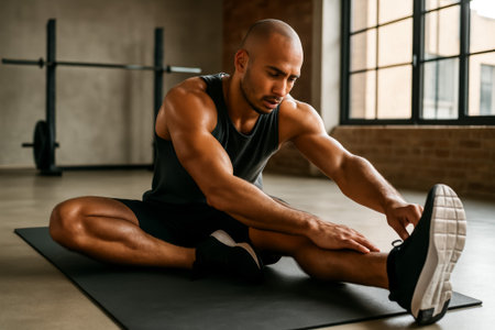 A focused man stretches on an exercise mat in a contemporary gym environmentの素材