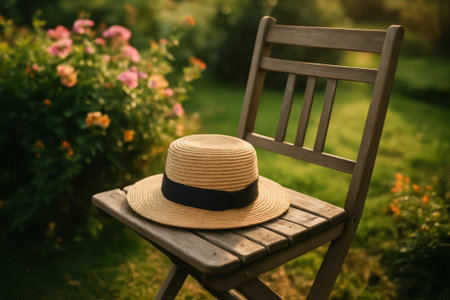 A straw hat with a black band resting on a wooden chair amidst colorful flowers in a gardenの素材