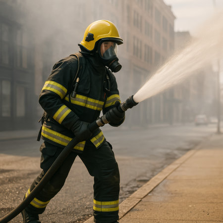 A firefighter in protective gear spraying water to control a fire in a smoky city streetの素材