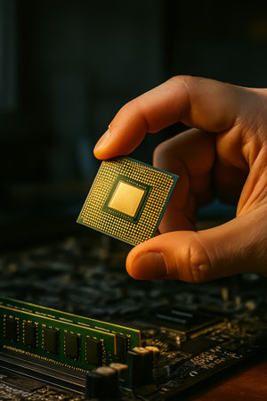 A person is holding a cpu above a motherboard in a high-tech workshop environmentの素材
