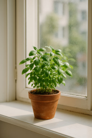 A vibrant basil plant in a terracotta pot located on a windowsill, enjoying sunlightの素材