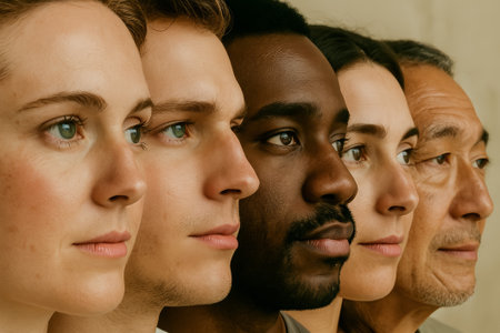 A close-up portrait of diverse individuals showing unity and harmony through their expressionsの素材