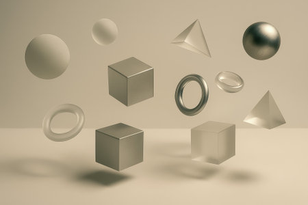 A collection of various geometric shapes floating against a soft beige backgroundの素材