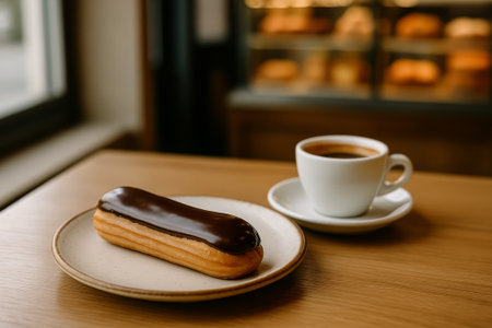 A delicious chocolate eclair on a plate next to a cup of coffeeの素材