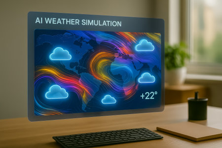 A modern ai weather simulation displayed on a computer screen with colorful weather patternsの素材