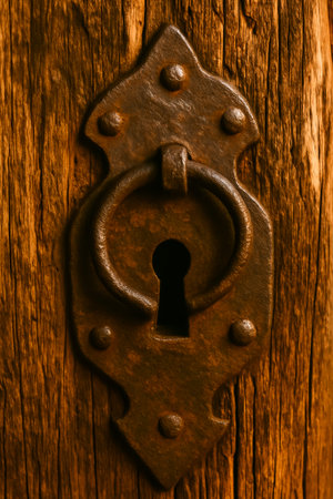 A vintage lock mounted on a weathered wooden door, showcasing intricate details and rustic charmの素材