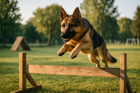 A German Shepherd leaps over a wooden hurdle during an agility training session in a parkの素材