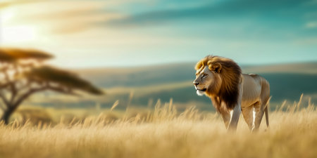 A majestic lion stands in golden grassland under a beautiful sunset skyの素材