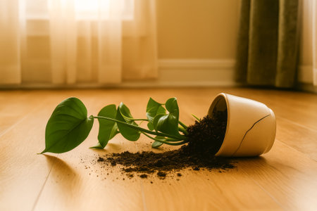 An overturned plant pot with soil spilling onto the floor and green leaves aroundの素材