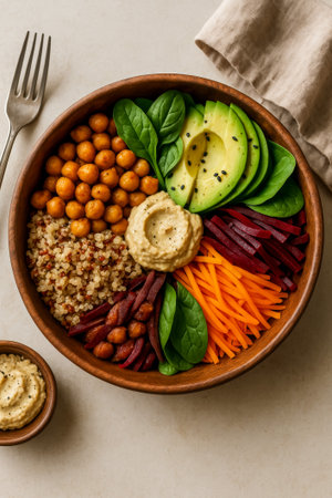 A vibrant salad bowl with quinoa, assorted vegetables, and a side of hummus for dippingの素材