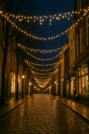 A charming street adorned with warm lights creates a magical evening atmosphereの素材