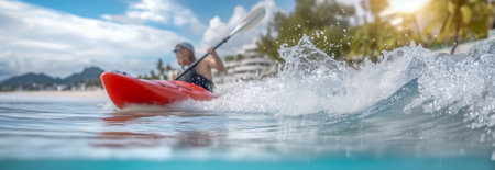 A kayaker enjoys paddling through the clear water on a sunny beach dayの素材