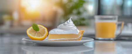 A slice of lemon meringue pie served with a lemon wedge and mint leafの素材