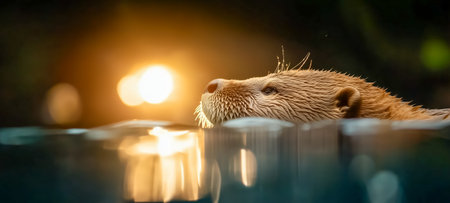 An otter surfaces in calm water during a stunning sunset, creating a serene atmosphereの素材
