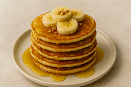 A stack of fluffy pancakes topped with sliced bananas and drizzled with syrupの素材